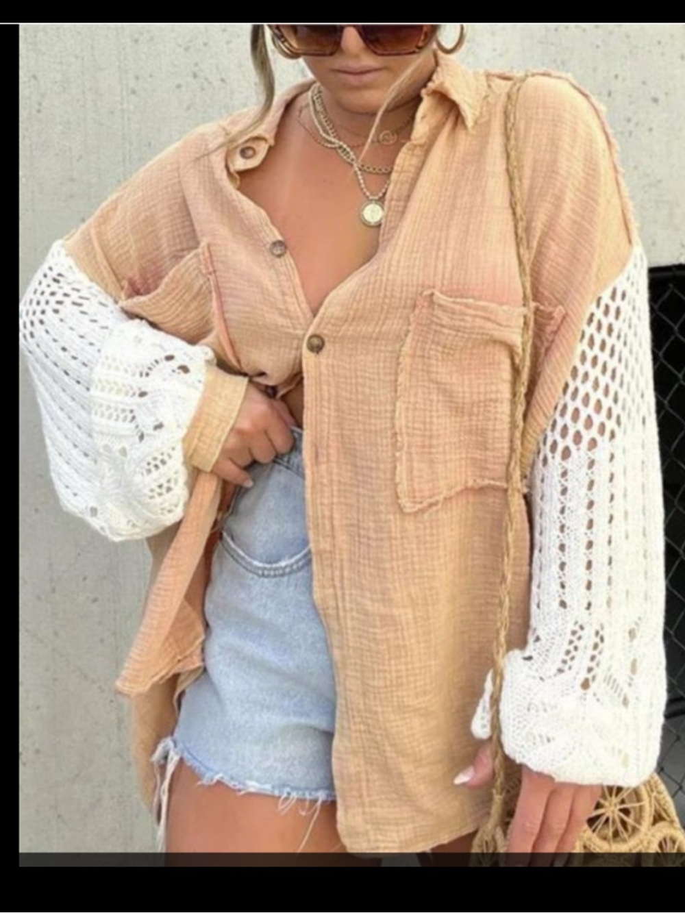 POL Dusty Peach Gauze Button-Down Sweater Shirt with White Crochet Sleeves